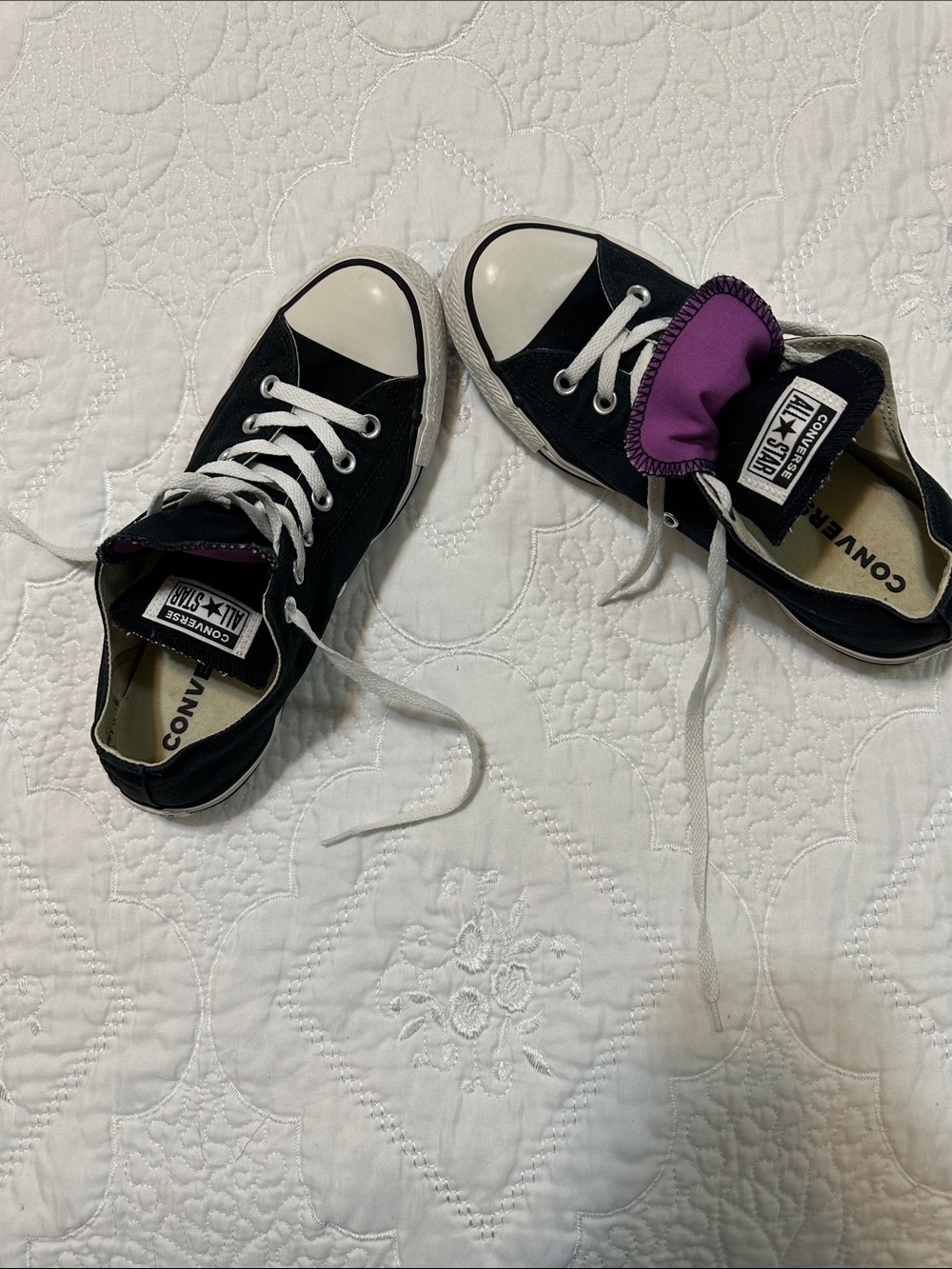 Converse Ladies' Black Canvas Low-Top Sneakers with Purple Tongue